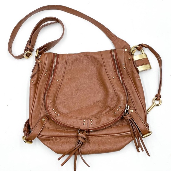 Chloe Brown Grained Leather Bag Tasseled Shoulder Crossbody Studded Cognac ๐ค๐ค - Picture 3 of 12